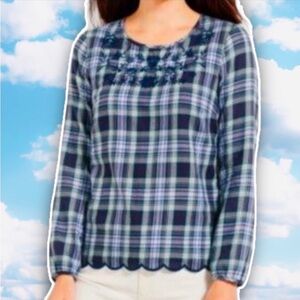 ❤️ TALBOTS Plaid Embroidered Popover Madras Plaid Peasant Top Preppy Cottagecore